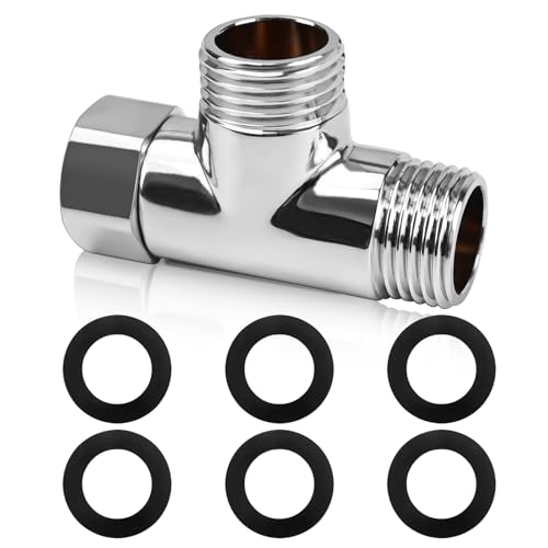 CONJURAIDE T Stück 1/2 Zoll, Messing T Stück Wasseranschluss Verteiler mit 6 Unterlegscheiben 3-Wege-T-Form-Adapter Duschschlauch Adapter für Trinkwasser Wasserhahn(Ø 20mm) von CONJURAIDE