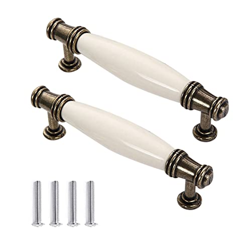 CONPHERON 2 Stück Porzellangriff Altmessingoptik Weiß Möbelgriff Schrankgriff Bogengriffe Keramik Griffe Türgriff Retro Schubladegriff Küchengriff Antik Ziehgriff 96mm von CONPHERON