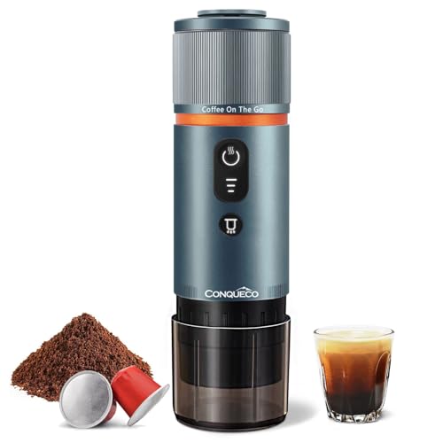 CONQUECO Kaffeemaschine Auto Espressomaschine 12v: Tragbare Akku Espresso Maker für Camping Reise - Mini Mobile kapselmaschine Unterwegs fur Wohnmobil Lkw - NS Kapsel Kompatibel (Rauchblau) von CONQUECO