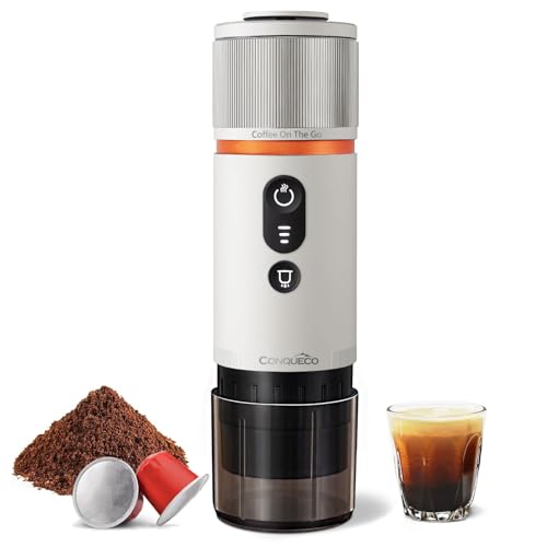 CONQUECO Tragbare Espressomaschine Elektrische Kaffeemaschine: 12V Auto Reise-Expressomaschine – selbstheizend 8 Tassen Batteriebetrieben, kompatibel mit Nespresso-Kapseln – für Camping - (Perlweiß) von CONQUECO
