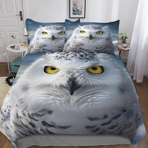 CONTIA Niedliche Eule 3D Druck Bettwäsche Set Weißer Vogel 3 Teilig Mikrofaser Bettbezug Mit Kissenbezüg Und Reißverschlusse,für Kinder Jungen Mädchen Teenager King（220x240cm） von CONTIA