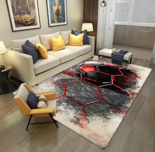 CONVOW Waschbarer Teppich Wohnzimmer Kurzflor Teppich fürs Kinderzimmer Arbeitszimmer Teppiche Sport rutschfest Spielteppich 3D Fußball Flammen Bedruckten Teppichen Für Schlafzimmer (Farbe3,80x120cm) von CONVOW