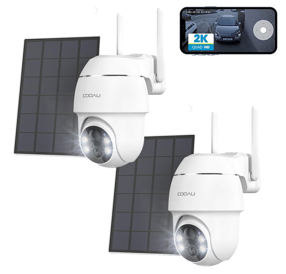 COOAU 2K Überwachungskamera Aussen Solar Akku Kamera Überwachung PTZ Überwachungskamera (Aussen, Außenbereich, 355°/90° Kabellos WLAN IP Kamera​Outdoor mit Smart Bewegungsmelder, 2tlg,Farbige Nachtsicht,2,4GH WiFi Weitwinkel Camcorder, 4 weiße LEDs + 4 Infrarot-LEDs, Ton- und Lichtalarm, Weiß) von COOAU