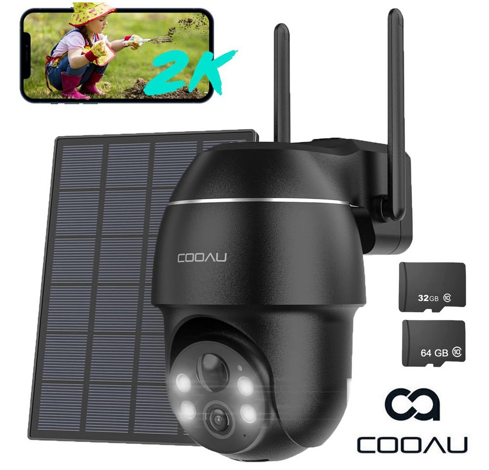 COOAU 2K überwachungskamera Aussen Akku Solar Kamera Outdoor Überwachungskamera (Aussen, Außenbereich, Kabellos WLAN Kamera Überwachung Außen mit Solarpanel,IP Kamera, Farbige Nachtsicht,2,4GH WiFi Weitwinkel Camcorder, 4 weiße LEDs + 4 Infrarot-LEDs, Smart PIR-Erkennung, Ton- und Lichtalarm) von COOAU