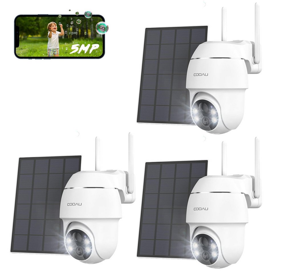 COOAU 5MP Überwachungskamera Aussen mit Solarpanel 4dBi Kamera Überwachung Überwachungskamera (Aussen, Außenbereich, Akku WLAN Outdoor Kamera mit H.265-Videokomprimierung, 3-tlg., 4 Spotlight,SDCard/Cloud-Speicher,2.4GHz WLAN, Intelligente PlR- Menschenerkennung, 360° Betrachtungswinkel) von COOAU