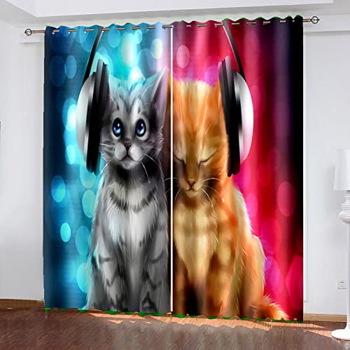 COOBAA 3D Musik-Cartoon-Katze Druck Muster Ösenvorhang, Gardinen Wohnzimmer Modern Hoch 160X150Cm Thermo Vorhänge Gegen Hitze, Raumteiler Vorhang Für Flur Rauschminderung Dekorativ von COOBAA