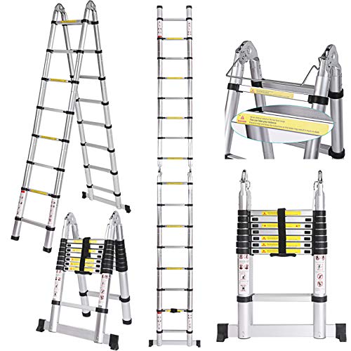 5 M Teleskopleiter Auszeihleiter aus Hochwertigem Aluminium Leiter Aluleiter Mehrzweckleiter Teleskop Design bis 150 Kg Belastbar (5 M 2.5+2.5) von COOCHEER