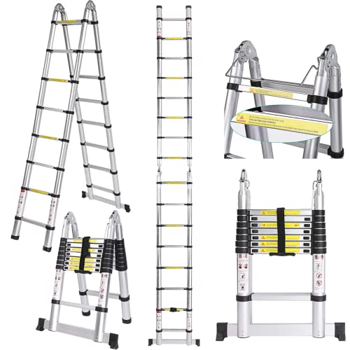 COOCHEER 5 m Klappleiter, Teleskopleiter aus Aluminium, ausziehbare Leiter, rutschfeste Leiter, Trittleiter, maximale Belastung 150 kg von COOCHEER