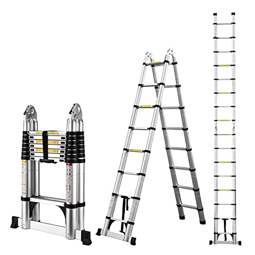 COOCHEER 5M Teleskopleiter, 2 in 1 Klappleiter Multifunktionsleiter aus Alu, 150 kg Belastbarkeit, 16 Sprossen, geeignet für Innen- und Außenbereich von COOCHEER