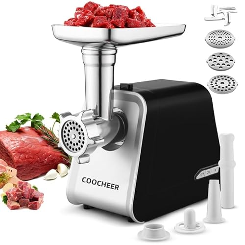 COOCHEER Elektrischer Fleischwolf 2000W Professional, 3-in-1 Multizerkleinerer mit Wurstfüller, Spritzgebäck-Aufsatz & Kebbe-Vorsatz, Edelstahl Fleischmaschine mit 3 Mahlscheiben von COOCHEER
