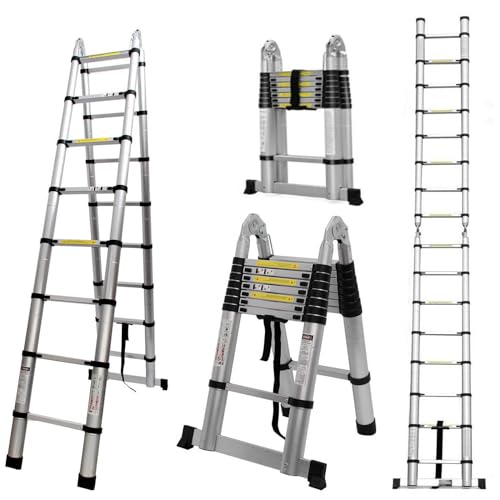 COOCHEER Teleskopleiter Klappleiter 5M 2 in 1 Alu Klappleiter mit 16 Sprossen, Maximalbelastung 150 kg, reines Silber von COOCHEER