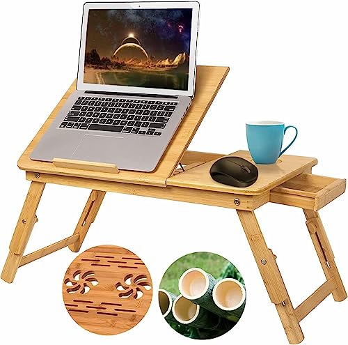 Laptoptisch aus Bambus, Höhenverstellbar Laptopständer, Klappbar Notebooktisch mit kleine Schublade, 5 Neigungswinkel Verstellbar Laptop Tisch für Bett, Frühstückstablett, 55x35cm von Lulizzie