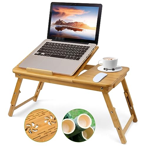 Laptoptisch aus Bambus, Höhenverstellbar Laptopständer, Klappbar Notebooktisch mit kleine Schublade, 5 Neigungswinkel Verstellbar Laptop Tisch für Bett, Frühstückstablett, 55x35cm von COOCHEER