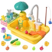 Spielspüle mit fließendem Wasser, Spielzeug für die Küchenspüle mit verbessertem elektrischen Warmwasserhahn, schwimmendes Teich-Angelspielzeug, von COOCHEER