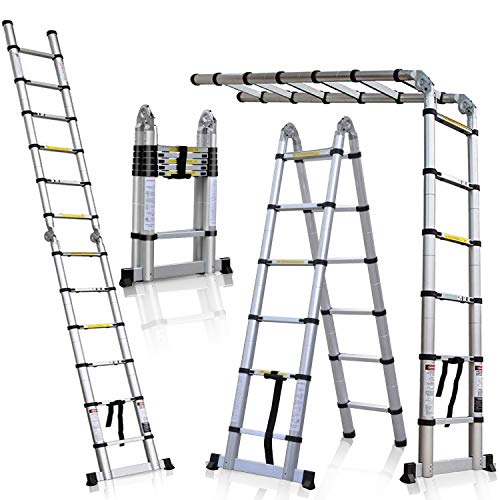 Teleskopleiter, zusammenklappbar, 5 m, 2-in-1 Klappleiter, (2,5 m + 2,5 m), EN131-zertifiziert, Tragfähigkeit bis 150 kg von COOCHEER