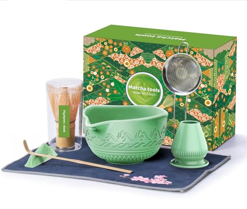 COOIRE Matcha-Schneebesen-Set: 7-teiliges Keramik-Matcha-Kit mit Matcha-Schüssel 510.3 g, Schneebesen & Halter, Bambusschaufel, Schaufelständer, Pulversieb und Geschirrtuch von COOIRE