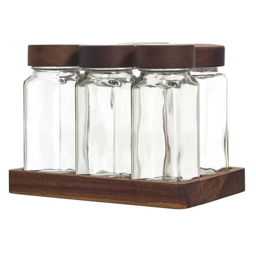COOK CONCEPT, KA0366, Glass Spice Jars with Acacia top, airtight lids for optimal Preservation, Customizable Labels, 6 Pieces, transparent, Standard Size von COOK CONCEPT