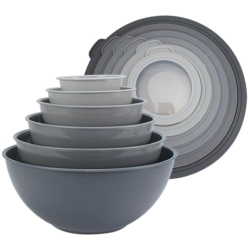 COOK WITH COLOR Rührschüssel-Set mit TPR-Deckeln – 12-teiliges Kunststoff-Nistschüssel-Set enthält 6 Vorbereitungsschalen und 6 Deckel, mikrowellengeeignet (grau) von COOK WITH COLOR