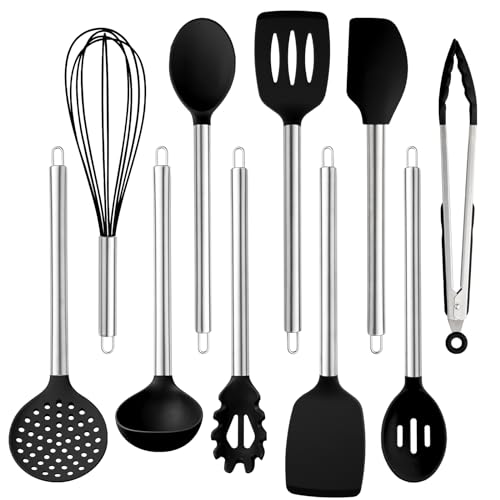 COOK WITH COLOR Silikon-Kochutensilien, 10-teiliges Küchenutensilien-Set, leicht zu reinigen, Silikon-Küchenutensilien, Kochutensilien für Antihaft-Kochgeschirr, Küchenhelfer-Set (schwarz) von COOK WITH COLOR