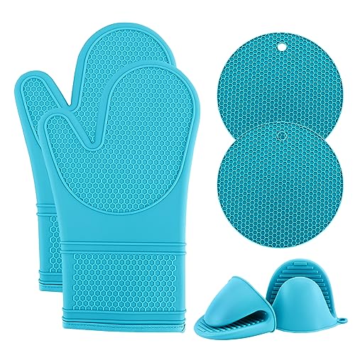 COOK WITH COLOR Silikon-Ofenhandschuh-Set, hitzebeständige Handschuhe mit weichem gestepptem Futter, Set mit 2 Ofenhandschuhen, 2 Silikon-Untersetzern, 2 Fingerspitzen-Mitss zum Kochen und Grillen, von COOK WITH COLOR