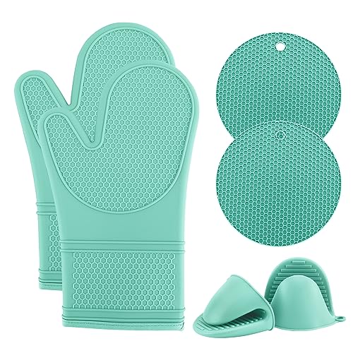 COOK WITH COLOR Silikon-Ofenhandschuh-Set, hitzebeständige Handschuhe mit weichem gestepptem Futter, Set mit 2 Ofenhandschuhen, 2 Silikon-Untersetzern, 2 Fingerspitzen-Mitss zum Kochen und Grillen, von COOK WITH COLOR