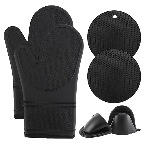 COOK WITH COLOR Silikon-Ofenhandschuhe, hitzebeständige Handschuhe mit weichem gestepptem Futter, Topflappen zum Kochen und Grillen, Schwarz, Handschuh-Set von COOK WITH COLOR