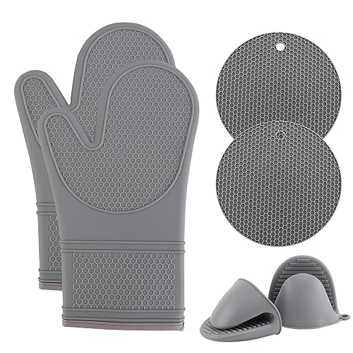 COOK WITH COLOR Silikon-Ofenhandschuhe, hitzebeständige Handschuhe mit weichem gestepptem Futter, Topflappen zum Kochen und Grillen, Grau, Handschuh-Set von COOK WITH COLOR
