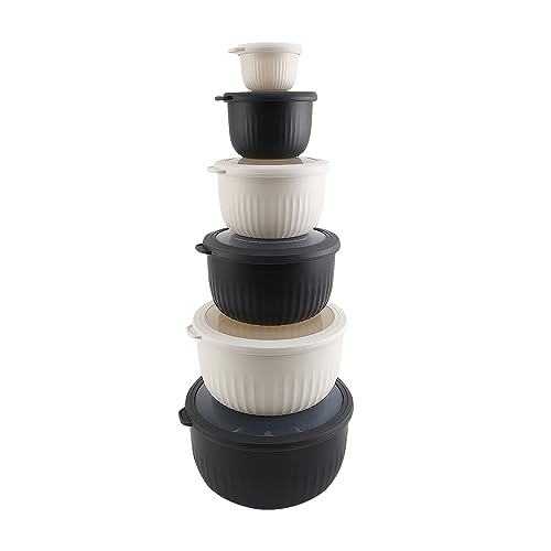 COOK WITH COLOR Vorbereitungsschüsseln mit Deckeln - Breit und tief verschachteltes Kunststoff-Rührschüssel-Set mit Deckel, 12-teiliges Set, tiefe Schüsseln, gesprenkelt schwarz von COOK WITH COLOR