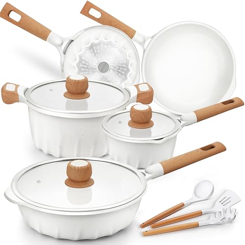 Kochgeschirr-Set, antihaftbeschichtet, 100% PFOA-frei, Induktion, Töpfe und Pfannen, Set mit Kochutensilien, 13-teilig, Weiß von COOKLOVER