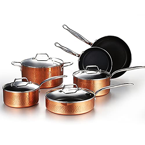 COOKSMARK 10-teilig Kupfer Anitihaftbeschichtung Induktions Spülmaschinengeeignet Töpfe und Pfannen Kochgeschirr Set mit Glasdeckel Kochtopf Pfanne Edelstahl Griff Backofensicher von COOKSMARK