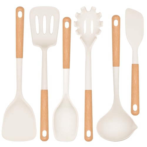 Küchenhelfer Set Silikon, 6-teiliges Silikon Küchenhelfer Kochbesteck Set, Hitzebeständiger Küchenhelfer Set mit Utensilienhalter, Gesund & Antihaft Küchenutensilien Set (weiß) von COOKSTYLE