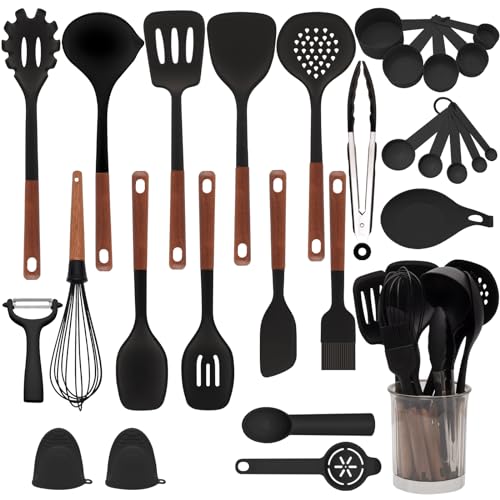 Küchenhelfer Set Silikon, 28-teiliges Silikon Küchenhelfer Kochbesteck Set, Hitzebeständiger Küchenhelfer Set mit Utensilienhalter, Gesund & Antihaft Küchenutensilien Set (Schwarz) von COOKSTYLE