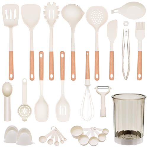 Küchenhelfer Set Silikon, 28-teiliges Silikon Küchenhelfer Kochbesteck Set, Hitzebeständiger Küchenhelfer Set mit Utensilienhalter, Gesund & Antihaft Küchenutensilien Set (weiß) von COOKSTYLE