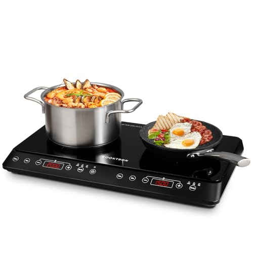 COOKTRON Induktionskochfeld 2 Platten Mobil, 3500W Doppel-Induktionskochplatte mit 6 Leistungsstufen, 10 Temperaturstufen, 3-Stunden-Timer, Touch-Steuerung, Ideal für Camping und Küche, Schwarz von COOKTRON