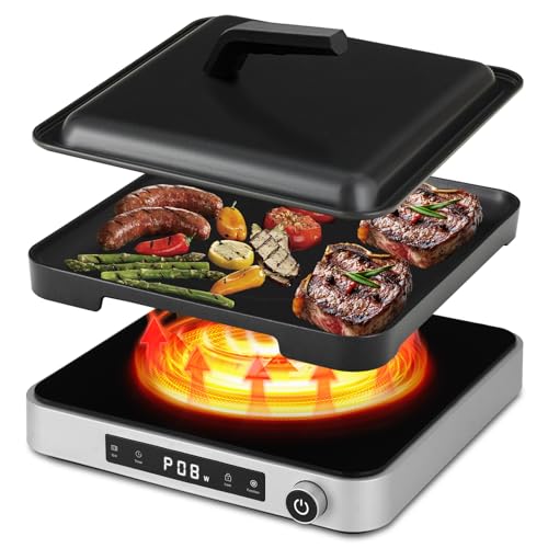 Cooktron Induktionskochplatte mit Grillplatte und Abdeckhaube - 2000W Einzelfeld Induktionskochfeld + Elektrogrill, 10+5 Stufen, Touchsteuerung & Drehknopf für Camping/Küche/Outdoor von COOKTRON
