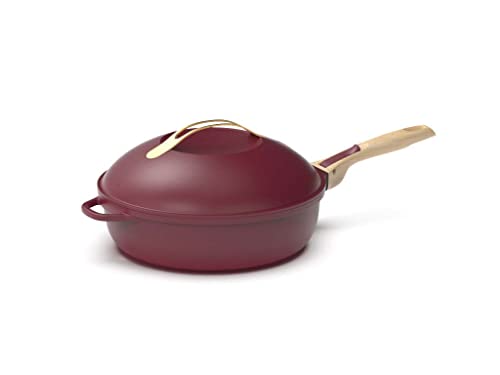 COOKUT - Die fabelhafte 8-in-1-Pfanne – ein einziges Utensil, das Pfanne, Topf, Schmorpfanne ersetzt – mit 2 abnehmbaren Griffen, Dampf-/Frittierkorb, Holzspatel – Rubin von COOKUT