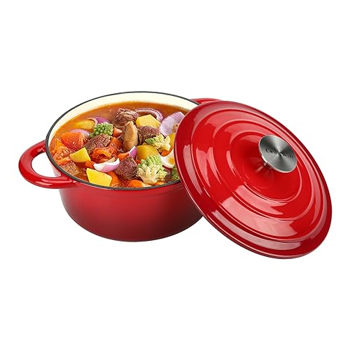 COOKWIN Schmortopf aus Gusseisen, 3 l, emailliert, Kochgeschirr mit Deckel, ideal für die Familie, rot von COOKWIN