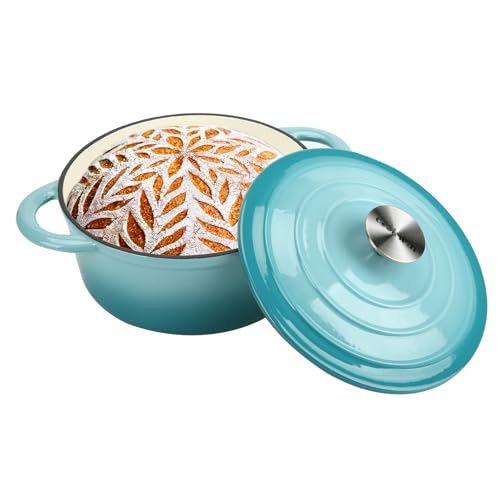 COOKWIN Schmortopf aus emailliertem Gusseisen,Brotbacktopf mit selbstgebackenem Deckel,Antihaftbeschichtung,Emaille-beschichtet,Kochgeschirr,5 l,Blaugrün von COOKWIN