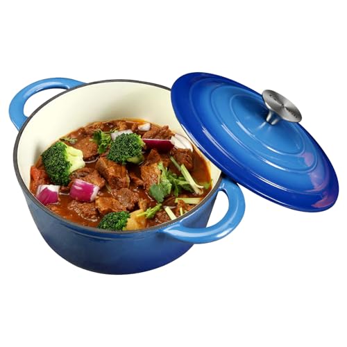 Dutch Oven Dutch Oven Gusseisen 5 L emailliertes Gusseisen Dutch Oven Topf mit selbsthaftenden Deckel, blau, strapazierfähig, emailliertes Gusseisen, Topf für Familie oder Freunde von COOKWIN