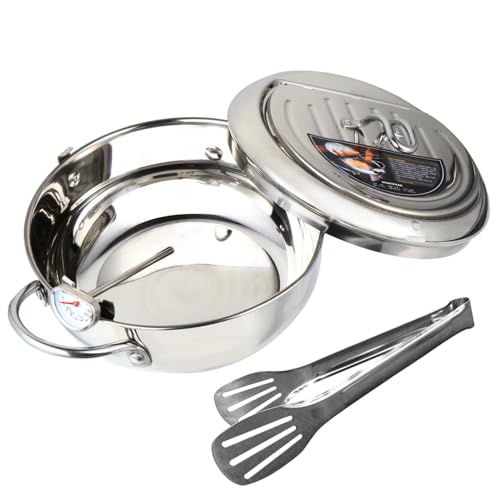 COOLHIYA Japanische Edelstahl Fritteuse mit Thermometer Temperaturkontrollierbarer Deep Fryer für Induktions und Gasherde Leicht Hitzebeständig Inklusive Edelstahl Klemme für Fettarmes von COOLHIYA