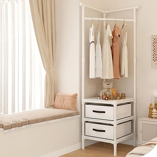 COOLKJDF Garderobenständer Eckgarderobe mit Haken und Ablagen - 3 in 1 Platzsparender Flur Baum Dicker Stahlrahmen Antiumkippgeräte für Zuhause Flur Schlafzimmer Wohnzimmer Weiß von COOLKJDF
