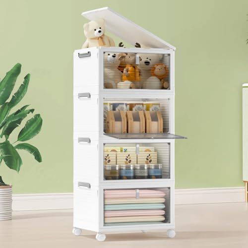 COOSEYA 23L Aufbewahrungsbox mit Deckel,Badezimmer Kleiderschrank Organizer,4-stöckige stapelbare & faltbare Aufbewahrungsboxen mit Rollen - Kunststoff Aufbewahrungsschubladen von COOSEYA