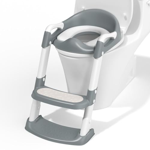 COOSEYA Toilettensitz Kinder, Toilettensitze für Jungen Mädchen, Kinder Toilettensitz mit Treppe,WC Sitz Kind Zusammenklappbar Rutschfest Spritzschutz Weiche Polsterung Sicherheitsgriffe (Grau) von COOSEYA