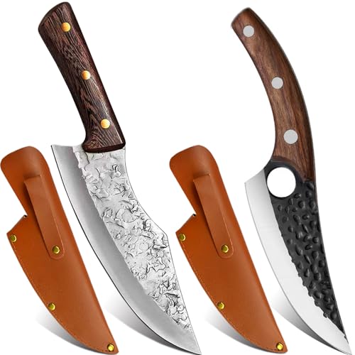 COOSNUG 2in1 Outdoor-Messer Hackmesser Küchenmesser mit Lederhülle Handgeschmiedete Ausbeinmesser Kochmesser Profi Wikinger Messer Japanisches Metzgermesser für Küche Grillmesser von COOSNUG