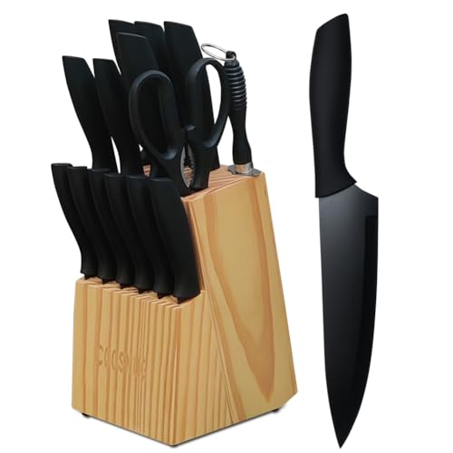 COOSNUG Messerset mit Block 15 teilig Messerblock mit Küchenmesser Set,15tlg Messerset mit Messerblock, Kochmesser Set mit Messerhalter aus Holz Allzweckmesser,Santokumesser,Schneidmesser,Steakmesser von COOSNUG