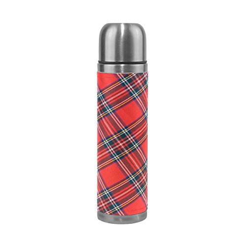 COOSUN Royal Stewart Tartan Edelstahl Fläschchen Wasser Flasche Vakuum Isolierbecher auslaufsicher Double Vakuum Flasche, PU Leder Reise Thermobecher, 17 oz von COOSUN