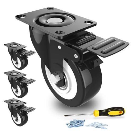 COOWOO Lenkrollen 4 Stück Transportrollen mit Sicherheitsverriegelung 50mm Räder für Möbel geräuschlose Schwerlast Räder mit Polyurethan-Gummibeschichtung 360 Grad Drehbar 300Kg Gesamtkapazität von COOWOO