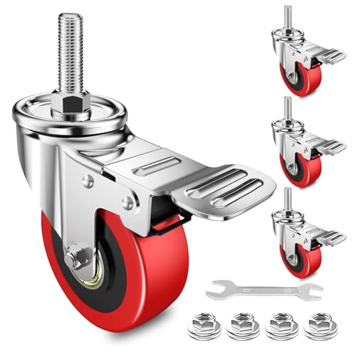 COOWOO Lenkrollen 50 mm, Stielrollen mit doppelter Sicherheitsarretierung, robuste Transportrollen, aus Polyurethan-Gummibeschichtung, geräuschlose Möbelrollen mit Feststeller, 300 kg Gesamttragfähi von COOWOO