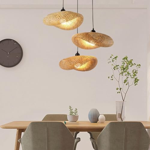 COOYO Vintage Rattan Bambus Pendelleuchte Natural Wicker Esstisch Pendelleuchte 3-Flammig Decke Hängelampe Hand gewebt mit Rattan Lampenschirm Schlafzimmer Wohnzimmer Esszimmer e27 Kronleuchter von COOYO