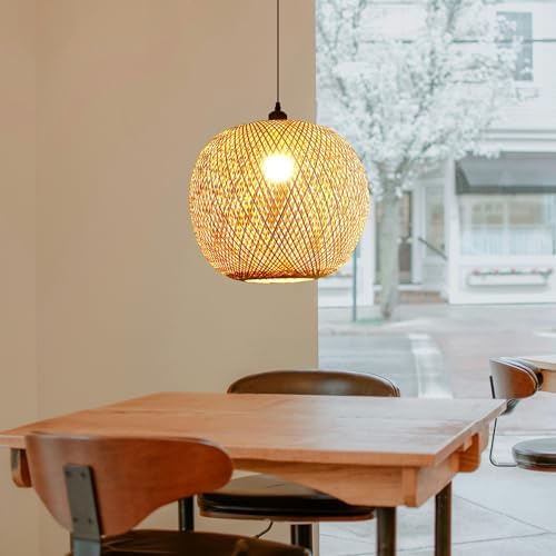 COOYO Vintage Rattan Pendelleuchte natürlichen Bambus Kronleuchter handgeflochtene Weide Lampenschirm E27 höhenverstellbar Esstisch Hängelampe Schlafzimmer Wohnzimmer Decke Hängend Lampe(20cm) von COOYO